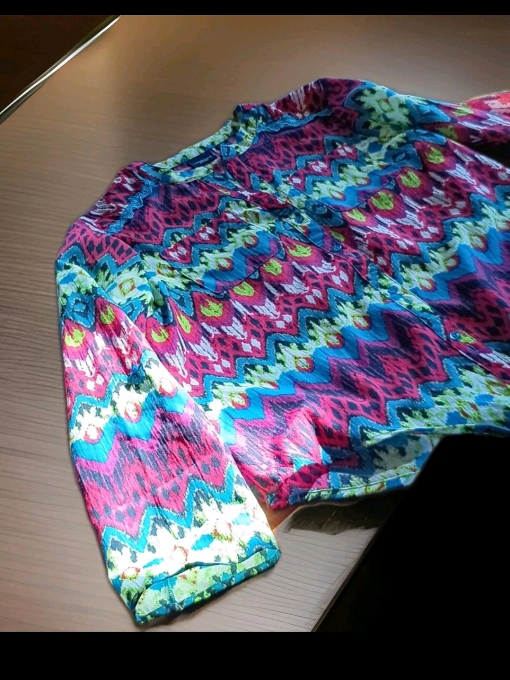 Westbound Pink and Black  Button-Down Shirt with Blue Lace Trim And Front Ties